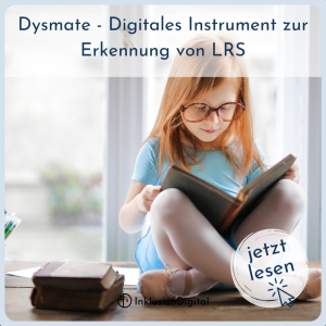 Es ist ein Mädchen zu sehen, das im Schneidersitz auf einem Tisch sitzt. In ihrem Schoß hat sie ein Buch abgestützt, in dem sie konzentriert liest. Die Überschrift lautet: "Dysmate - Digitales Instrument zur Erkennung von LRS". Unten recht ist ein Kreis zu sehen, auf dem "jetzt lesen" steht. Ein Cursor klickt auf diesen Kreis.